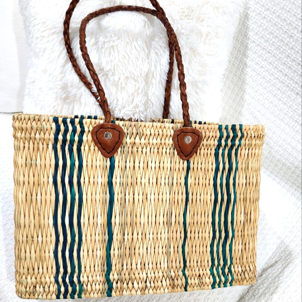 Woven Rattan and leather Bag, Basket Bag, Market Bag, Beach Bag, New HANDMADE
